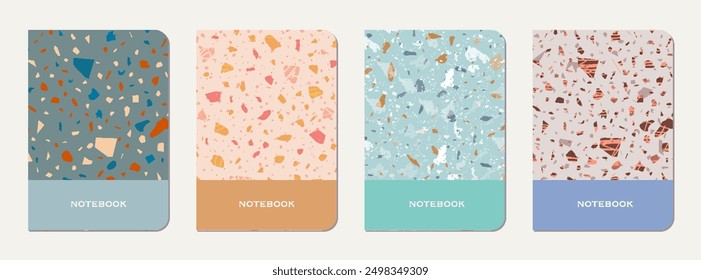 Brochure cover design. Terrazzo abstract background made of natural stones, granite, quartz and marble. Venetian terrazzo texture brochure template.