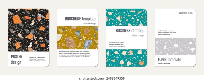 Brochure cover design. Terrazzo abstract background made of natural stones, granite, quartz and marble. Venetian terrazzo texture brochure template.