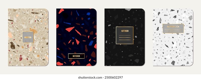 Brochure cover design. Terrazzo abstract background made of natural stones, granite, quartz and marble. Venetian terrazzo texture brochure template.