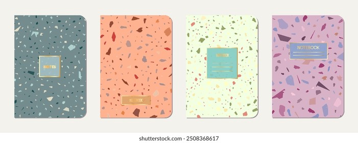 Brochure cover design. Terrazzo abstract background made of natural stones, granite, quartz and marble. Venetian terrazzo texture brochure template.
