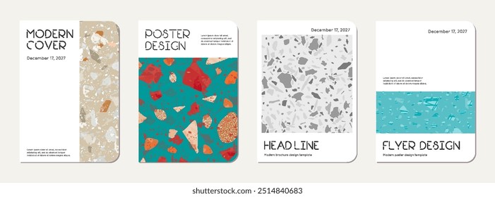 Brochure cover design. Terrazzo abstract background made of natural stones, granite, quartz and marble. Venetian terrazzo texture brochure template.