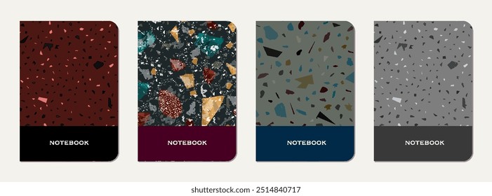 Brochure cover design. Terrazzo abstract background made of natural stones, granite, quartz and marble. Venetian terrazzo texture brochure template.