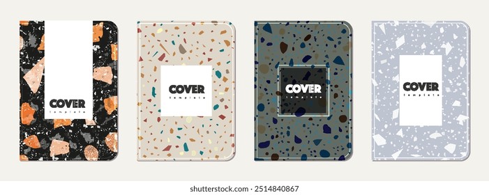 Brochure cover design. Terrazzo abstract background made of natural stones, granite, quartz and marble. Venetian terrazzo texture brochure template.