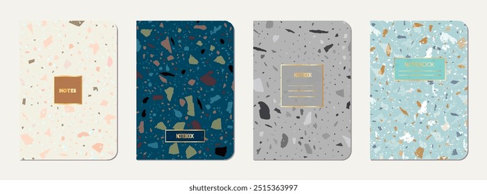 Brochure cover design. Terrazzo abstract background made of natural stones, granite, quartz and marble. Venetian terrazzo texture brochure template.