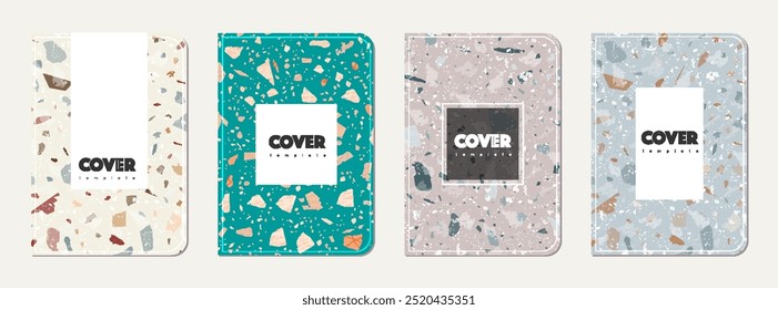 Brochure cover design. Terrazzo abstract background made of natural stones, granite, quartz and marble. Venetian terrazzo texture brochure template.