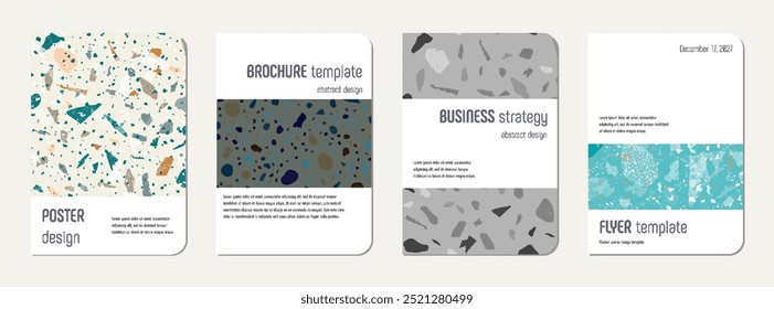 Brochure cover design. Terrazzo abstract background made of natural stones, granite, quartz and marble. Venetian terrazzo texture brochure template.