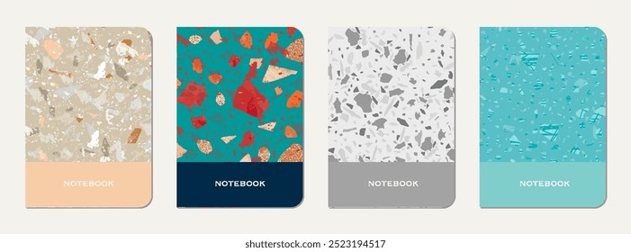 Brochure cover design. Terrazzo abstract background made of natural stones, granite, quartz and marble. Venetian terrazzo texture brochure template.