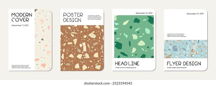 Brochure cover design. Terrazzo abstract background made of natural stones, granite, quartz and marble. Venetian terrazzo texture brochure template.