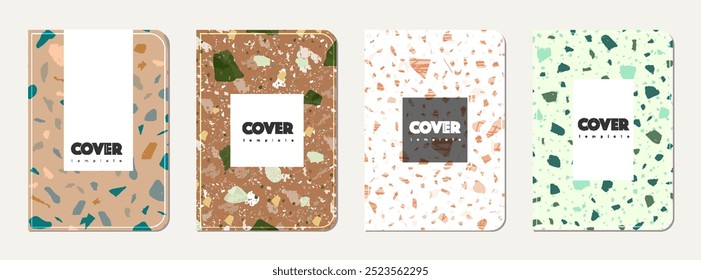 Brochure cover design. Terrazzo abstract background made of natural stones, granite, quartz and marble. Venetian terrazzo texture brochure template.