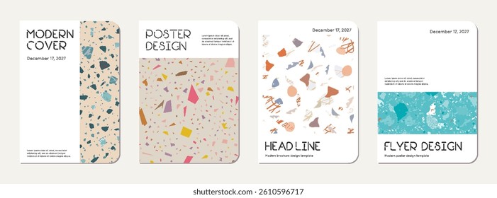 Brochure cover design. Terrazzo abstract background made of natural stones, granite, quartz and marble. Venetian terrazzo texture brochure template.