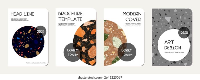 Brochure cover design. Terrazzo abstract background made of natural stones, granite, quartz and marble. Venetian terrazzo texture brochure template.