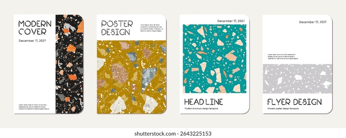 Brochure cover design. Terrazzo abstract background made of natural stones, granite, quartz and marble. Venetian terrazzo texture brochure template.
