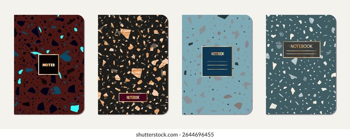 Brochure cover design. Terrazzo abstract background made of natural stones, granite, quartz and marble. Venetian terrazzo texture brochure template.
