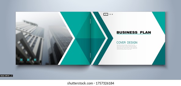 Brochure cover design, turquoise, black A4. Business plan, banner presentation. Set of cover page model, template and postcards. City house. Logo, triangles, flyer, text. Quotes, business card layout