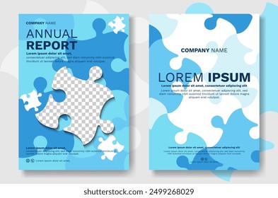 Folleto de póster de informe anual de diseño de portada con pieza de rompecabezas azul