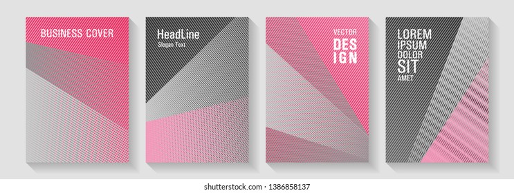 Brochure cover layouts halftone vector set. Banner backdrop simple print ideas. Dynamic technological wallpapers. Futuristic journal mockups. Laconic rectangle cover templates set.