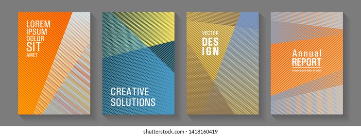 Brochure cover layouts halftone vector set. Corporate branding leaflets. Technological 2d backdrops. Cover templates set with logo places. Future geometric patterns Eps10 vector.