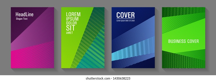 Brochure cover layouts halftone vector set. Cool triangles compositions. Advanced brand cover templates set. Laconic corporate style. Editable web landing page graphics.