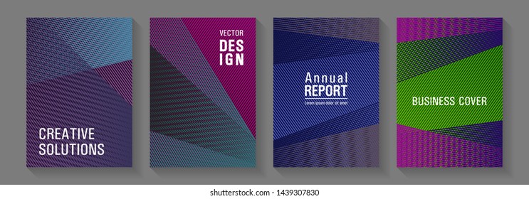 Brochure cover layouts halftone vector set. Rectangle leaflet box cards. Educational brochure covers set. Minimalistic certificate backdrops. Poster linear minimalistic Eps10 vectors.