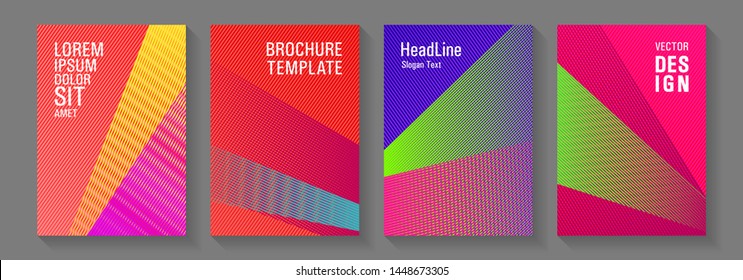 Brochure cover layouts halftone vector set. Marketing catalog creative mockups. Bright business reports concept. Fashionable branding covers design set. Futuristic journal mockups.