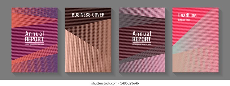 Brochure cover layouts halftone vector set. Cool triangles compositions. Elegant commercial covers geometry set. Magic notebook frameworks. Editable web landing page graphics.