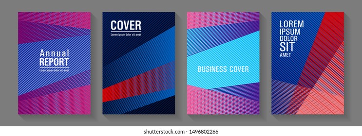Brochure cover layouts halftone vector set. Advertising commercial magazines. Minimal presentation backdrops. Triangle element layers modern patterns. Future dynamic covers geometry set.