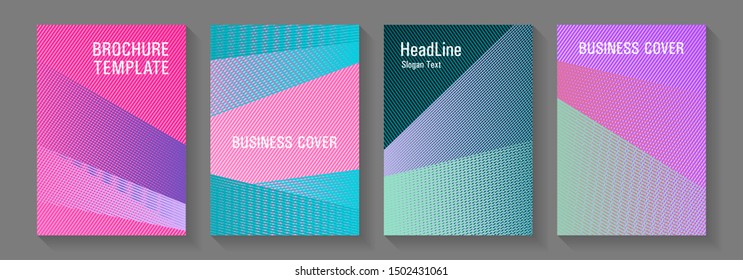Brochure cover layouts halftone vector set. Flyer mix digital background blends. Tech diagonal elements backdrops. School notebook cover templates set. Dynamic technological wallpapers.