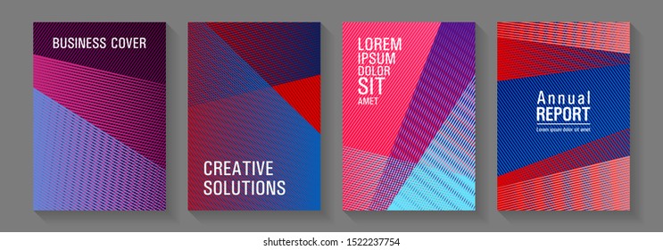 Brochure cover layouts halftone vector set. Dynamic technological wallpapers. Vibrant gradient book backdrops. School notebook cover templates set. Editable web landing page graphics.