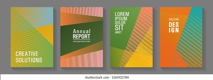 Brochure cover layouts halftone vector set. Scientific magazine concepts. Educational certificates concept. Party invitation flyer cool backgrounds. Laconic rectangle cover templates set.