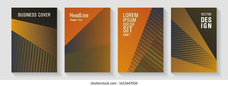 Brochure cover layouts halftone vector set. Advanced technological concept. Flyer mix digital background blends. Laconic rectangle cover templates set. Cool triangles compositions.