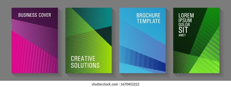 Brochure cover layouts halftone vector set. Advanced brand cover templates set. Laconic corporate style. Futuristic journal mockups. Future geometric patterns Eps10 vector.
