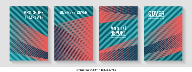 Brochure cover layouts halftone vector set. Future dynamic covers geometry set. Simple annual report mockusp. 2d abstract shapes tech compositions. Laconic corporate style.