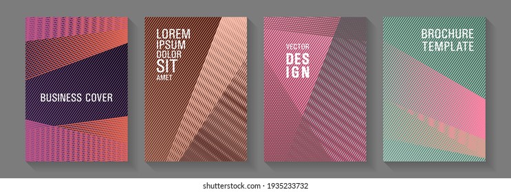 Diseño de portada de broche conjunto de vector de medio tono. Folletos vibrantes de revistas elegantes. Líneas de diseño de folletos de textura de degradado. Juego de diseño de cubiertas de mezcla de franjas finas. Conceptos de revista científica.