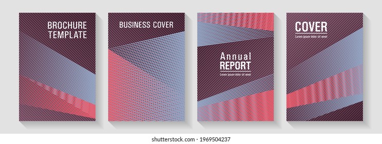 Diseño de portada de broche conjunto de vector de medio tono. Juego de diseño de cubiertas de mezcla de franjas finas. Concepto de revistas científicas. Modelaciones creativas del catálogo de marketing. Fondo de la revista de moda.