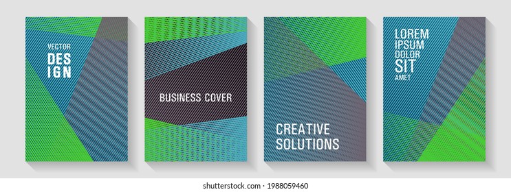 Brochure cover layouts halftone vector set. Dynamic technological wallpapers. Bauhaus minimal placard backgrounds. Creative leaflet backdrops. Marketing brochure covers design set.