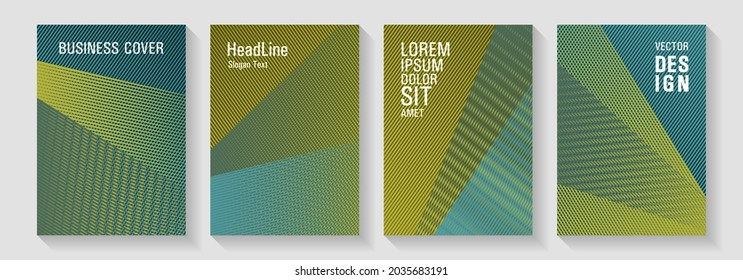 Brochure cover layouts halftone vector set. Marketing brochure covers design set. 2d abstract shapes tech compositions. Minimal presentation backdrops. Rectangle leaflet box cards.