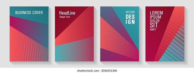 Brochure cover layouts halftone vector set. Contemporary paper covers design set. Laconic corporate style. Lines gradient texture booklet layouts. Advertising publication backdrops.