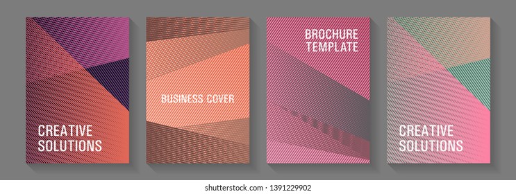 Brochure cover layouts vector geometrics. Corporate branding leaflets. Thin stripes blend covers design set. Advertising publication backdrops. Future geometric patterns Eps10 vector.