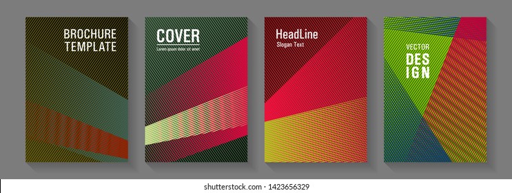 Brochure cover layouts vector geometrics. Thin stripes blend covers design set. Technological 2d backdrops. Flyer mix digital background blends. Laconic corporate style.