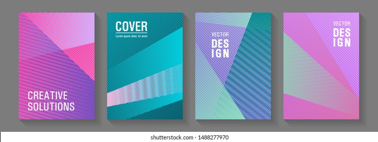 Brochure cover layouts vector geometrics. Advertising publication backdrops. Triangle element layers modern patterns. Corporate branding leaflets. Cover templates set with logo places.