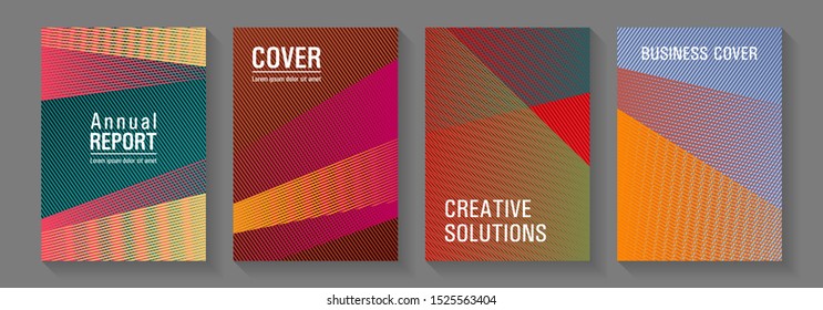 Brochure cover layouts vector geometrics. Marketing brochure covers design set. Advertising commercial magazines. Triangle element layers modern patterns. Simple annual report mockusp.