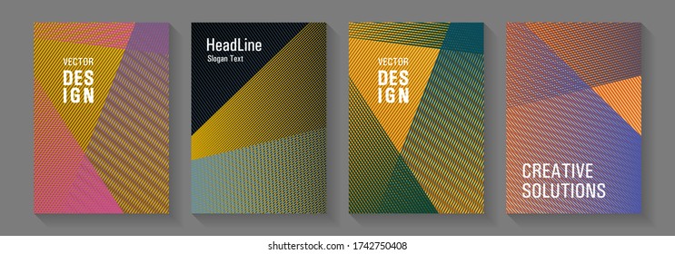 Brochure cover layouts vector geometrics. School presentation elegant leaflets. Contemporary paper covers design set. Trendy stationery folder backgrounds. Scientific magazine concepts.