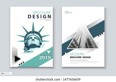 Brochure cover template. Design portrait of the Statue of Liberty. New York, homes. First page, layout. Green and black design. Book, booklet, business album, poster. Annual report, title. Ad text