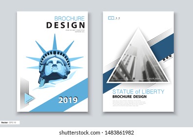 Brochure cover template. Design portrait of the Statue of Liberty. New York, homes. First page, layout. Blue and black design. Book, booklet, business album, poster. Annual report, title. Ad text