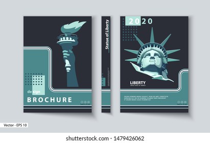 Brochure cover template. Geometric Design Statue of Liberty. New York, homes. First page, layout. Green and navy blue design.Book, booklet, album, poster. Annual report, title.Ad text, hand with torch