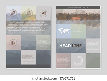 Brochure cover template. Minimalistic graphic and icons on low poly background. 