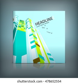 Brochure cover template. Modern background for poster, print, flyer, book, booklet, brochure and leaflet design. Editable graphic collection in light blue, yellow, green and grey colors