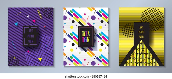 Brochure cover trendy design set. Minimalist style. Abstract Pop Art 2023 poster, flyer. Geometric dynamic shapes shiny background bright color artistic hipster Vector Magazine template graphic sports