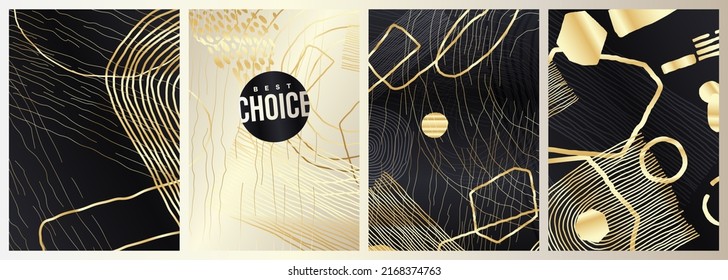 Cubiertas de folletos con elementos dorados y dorados. Juego de hojas A4 con abstracto de oro vintage. Ilustración vectorial para portada, banner, folleto, afiche, volante y otros.