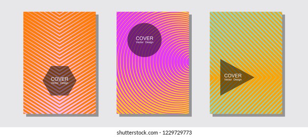 Brochure covers, posters, banners vector templates. Minimalistic journals. Halftone lines music poster background. Modern purple blue branding. Geometric graphic design for booklet brochure covers.